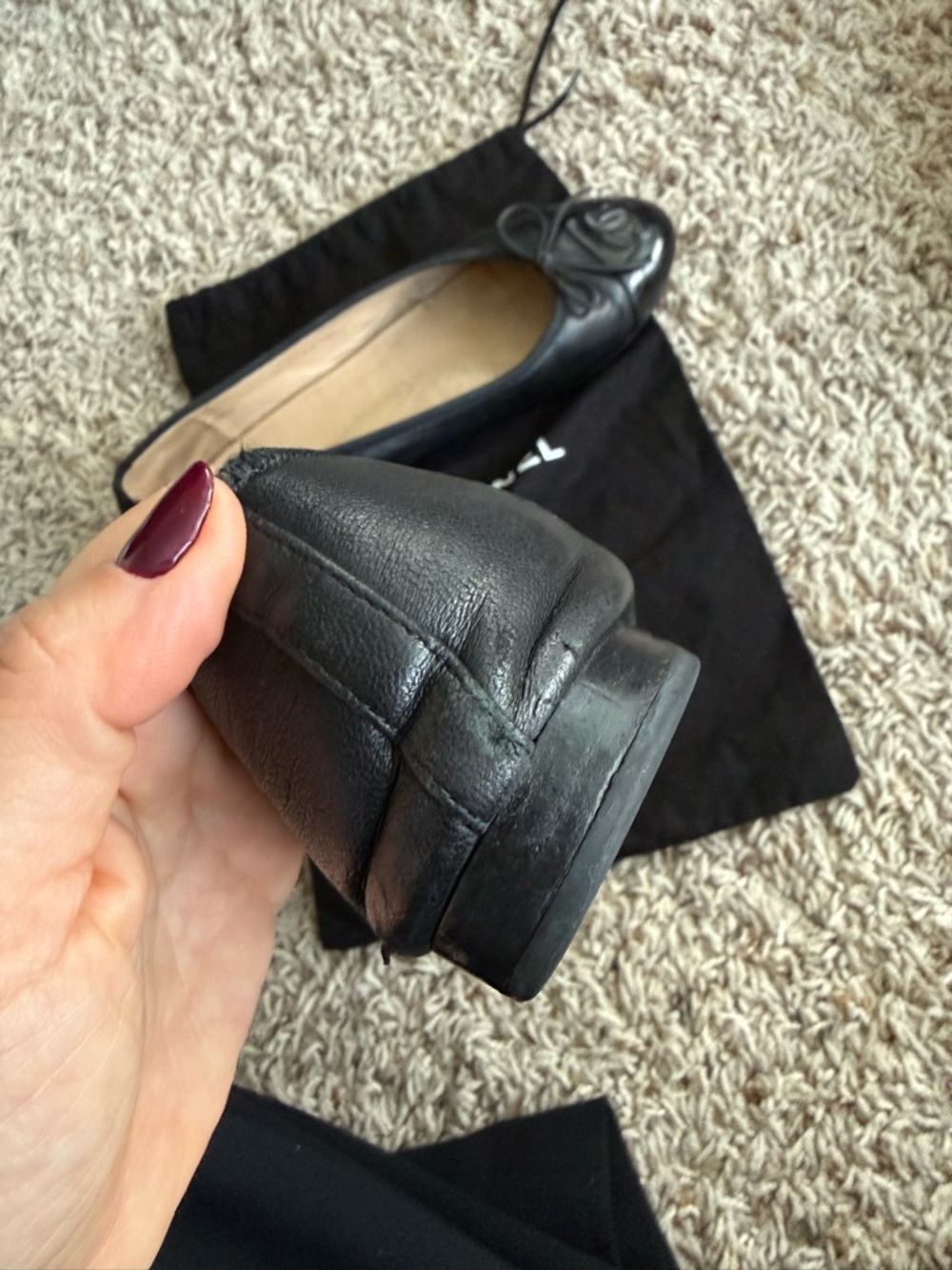 CHANEL Black Leather Ballet Flats with Bow and CC Cap Toe - Picture 9 of 13